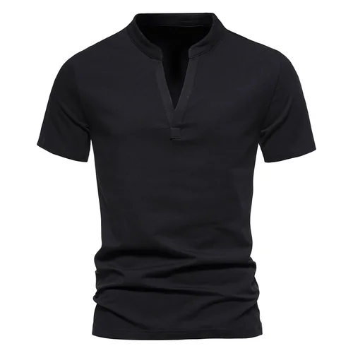 MRMT 2024 nueva camiseta para hombre, camiseta de manga corta con cuello en V profundo para hombre, camisetas con parte inferior elástica, camiseta pequeña con cuello levantado