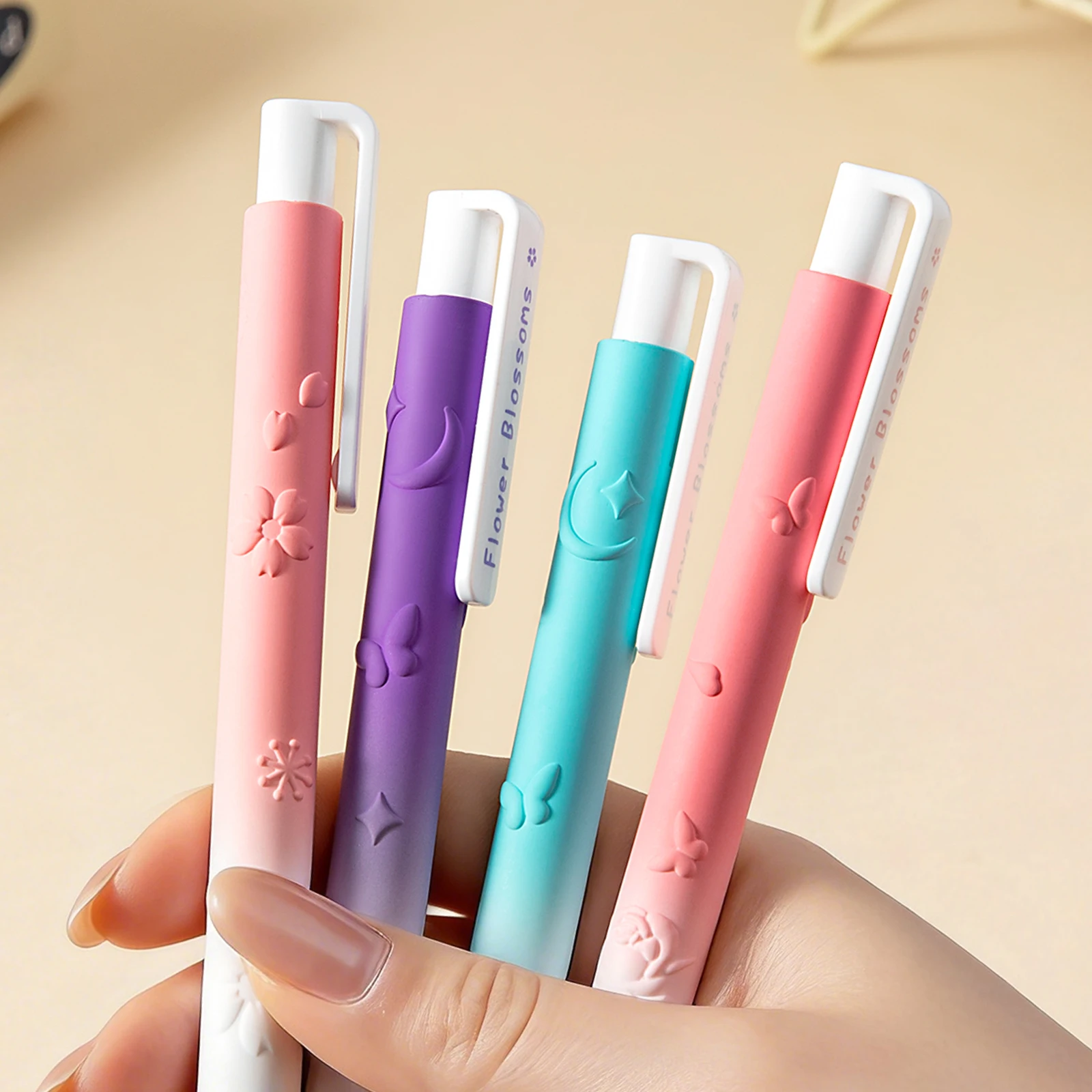 4PCS Gradient Flower Blossoms Pens Embossed Butterfly Floral Pattern 0.5mm Fine Tip Black Ink for School Office & Stationery