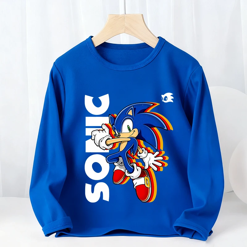 Sonics Kids Long Sleeves T-shirts Cartoon Crewneck Bottoming Undershirts Anime Pullover Thin Top Tees Children Clothing Gift New