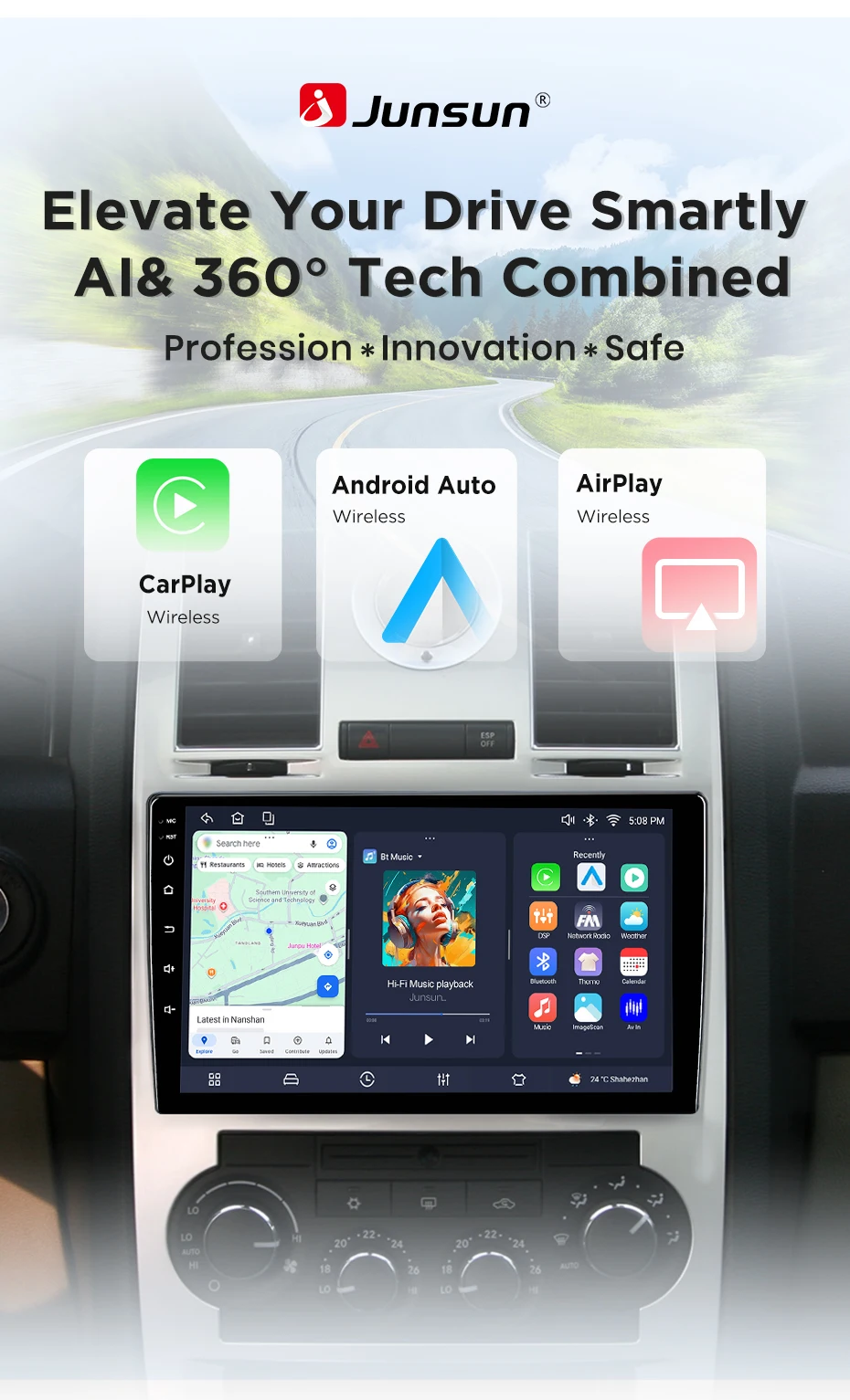 Junsun Android 15 Auto-Intelligenzsysteme für Chrysler 300 300C Aspen 2004-2011 AI Wireless CarPlay für Apple Auto 9" IPS – Detail 2