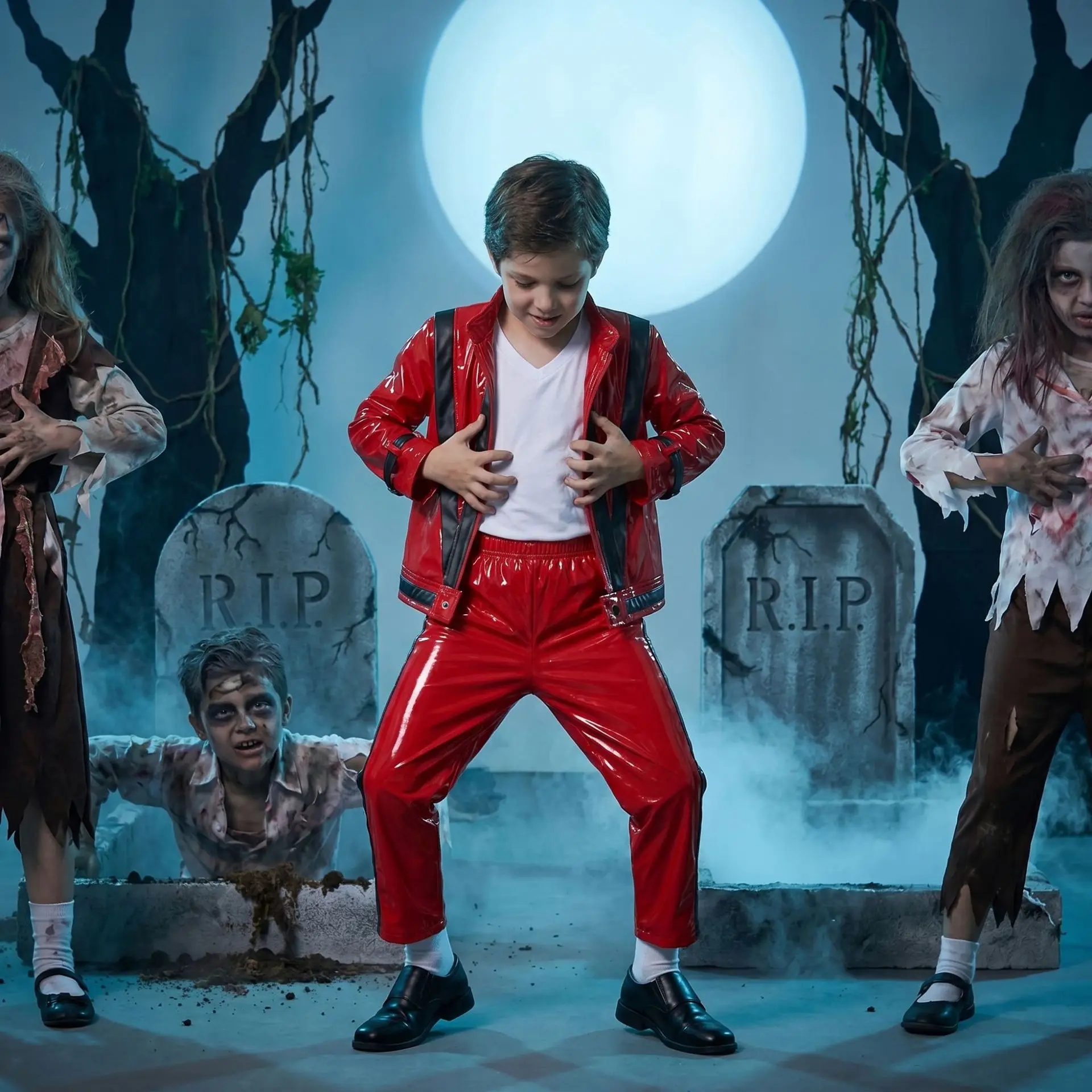 MJ Michael Jackson Thriller Kids Costume Red Black Leather Jacket Pants Boys Halloween Stage Cosplay Outfit view 3