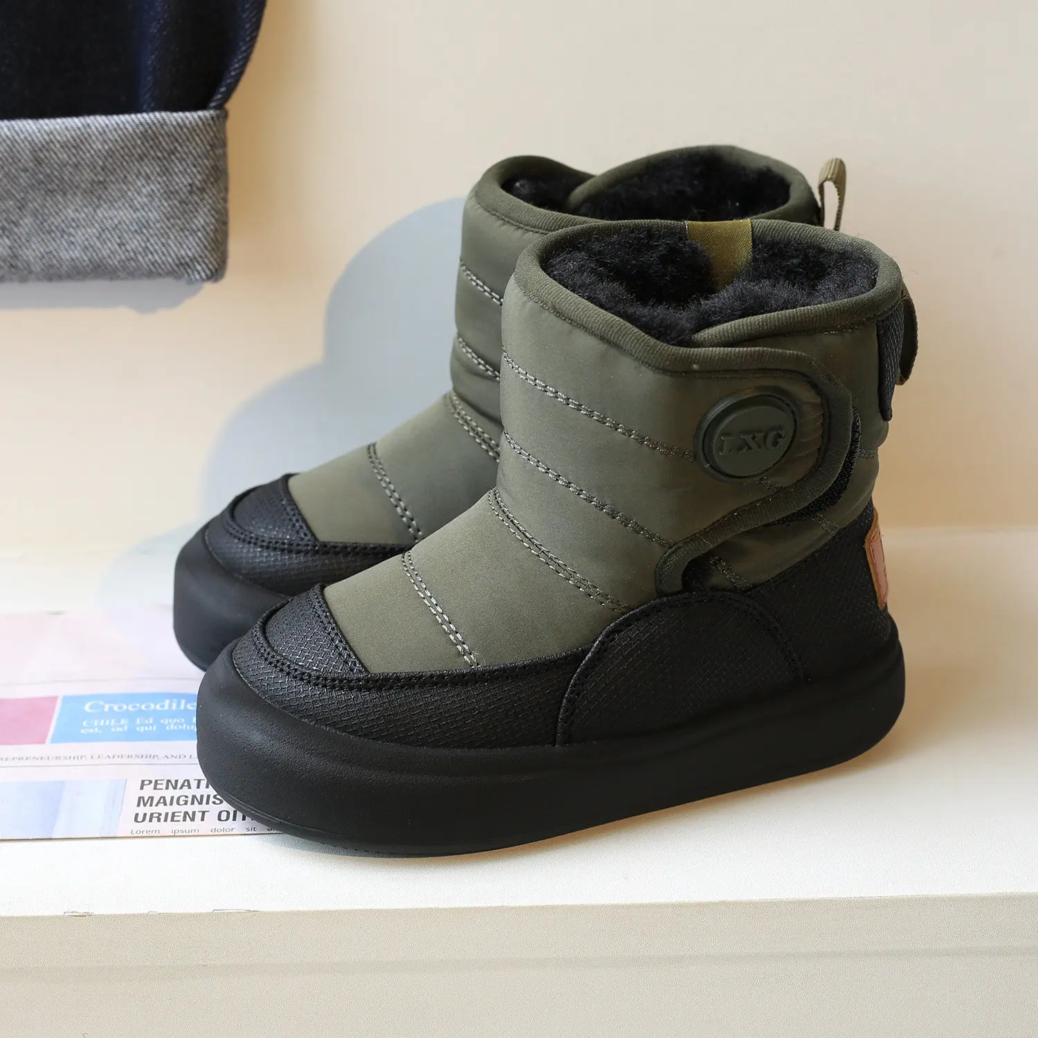 Kids'Snow Boots PU Leather Winter Fashion Outdoor Flat Thick Bottom Shoes For Children Warm Anti-slip Black Green Size 26-37