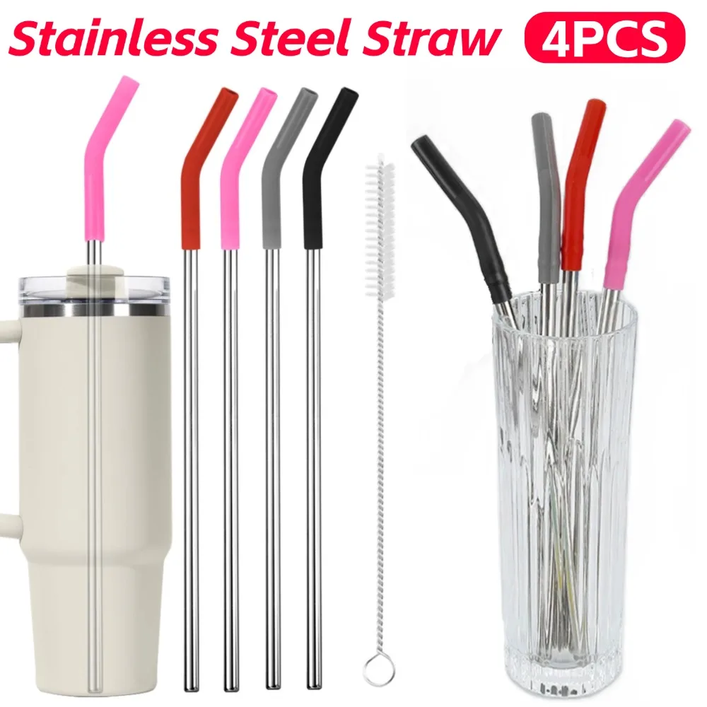 4Pcs Long Metal Straw with Silicone Tips Cleaning Brush Stainless Steel Drinking Straws Replacement with Cover for  40oz Tumbler