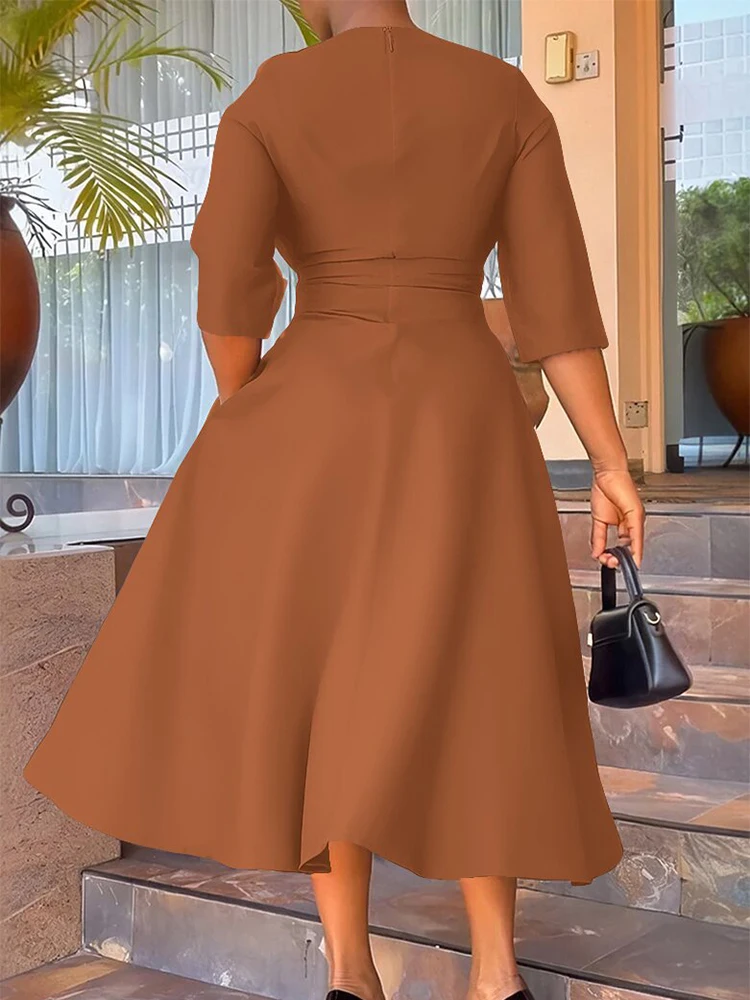 Elegante dame woon-werkverkeer grote zoom jurken temperament gesmoorde taille effen kleur a-lijn jurk zomer geplooide avondjurk met halve mouwen