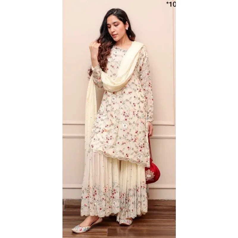 

Indian Clothing Salwar Kameez White Printed Three Piece Set Georgette Dupatta with Sequence Work