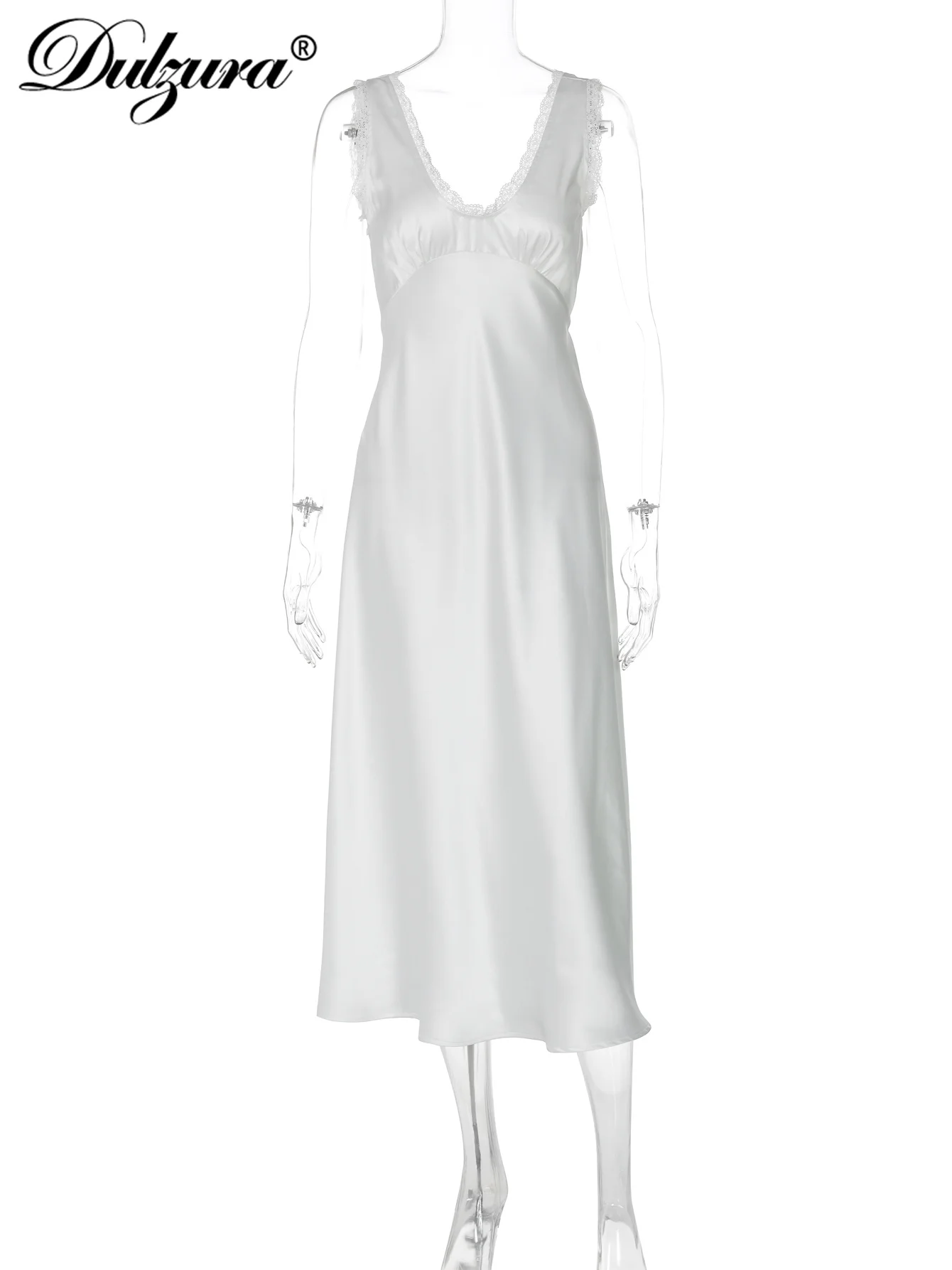 Dulzura 2025 verão moda sexy com decote em v sem costas fino ajuste rendas babados retalhos cetim maxi vestido sólido casual festa clube outfit