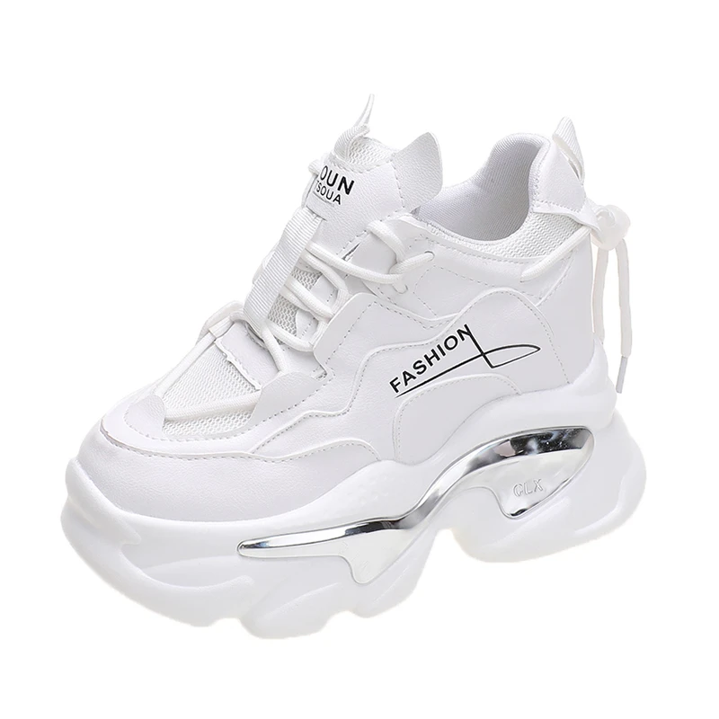 2023 Spring Women Lace-up Chunky Sneakers White Black 11CM High Platform Ulzzang Leather Shoes Breathable Casual Sport Dad Shoes