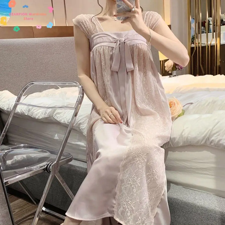 Purple Mesh Spaghetti Strap Women Princess Dress Vintage Lace Embroidered Homewear Fairy Hanfu Nightgown Sweet Bow Sleepshirt