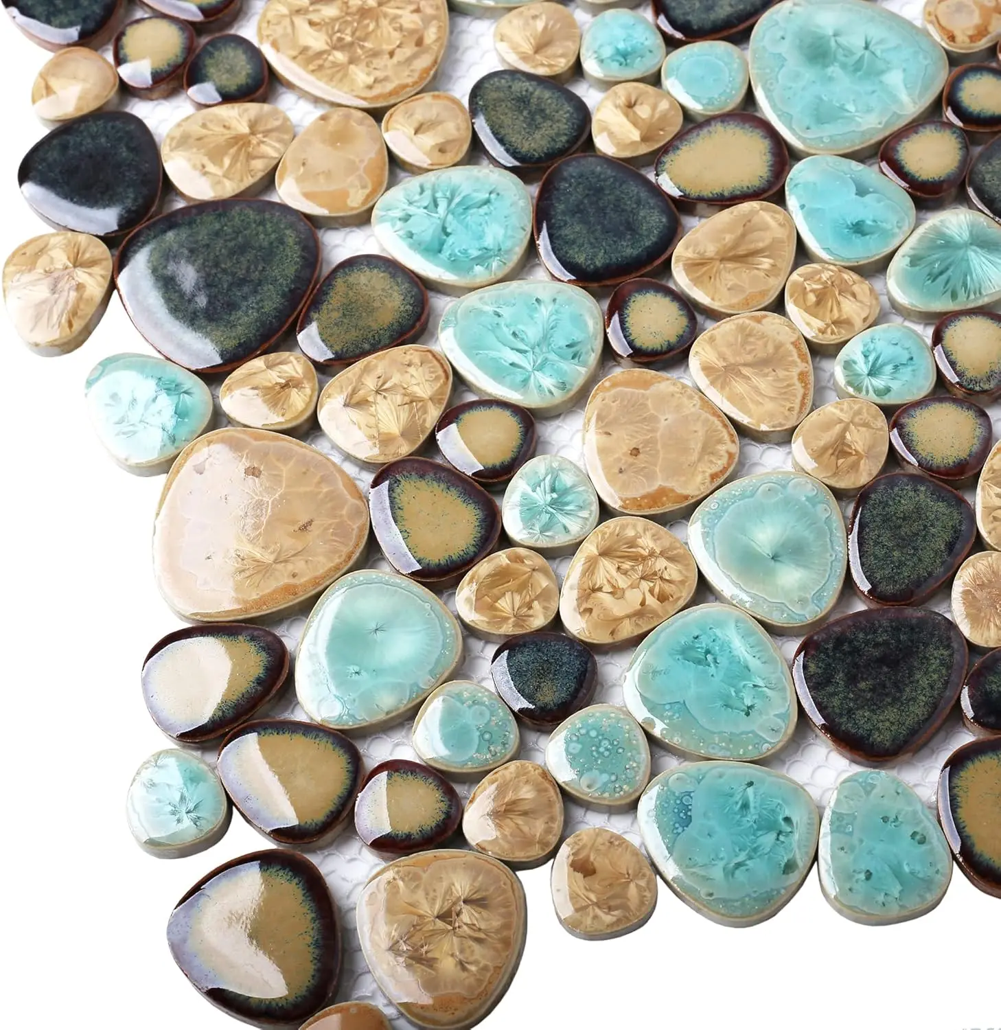 Blujellyfish Pebble Porcelain Tile Fambe Turquoise Green Beige Shower Floor Pool Alley Tiles Mosaic TSTGPT005