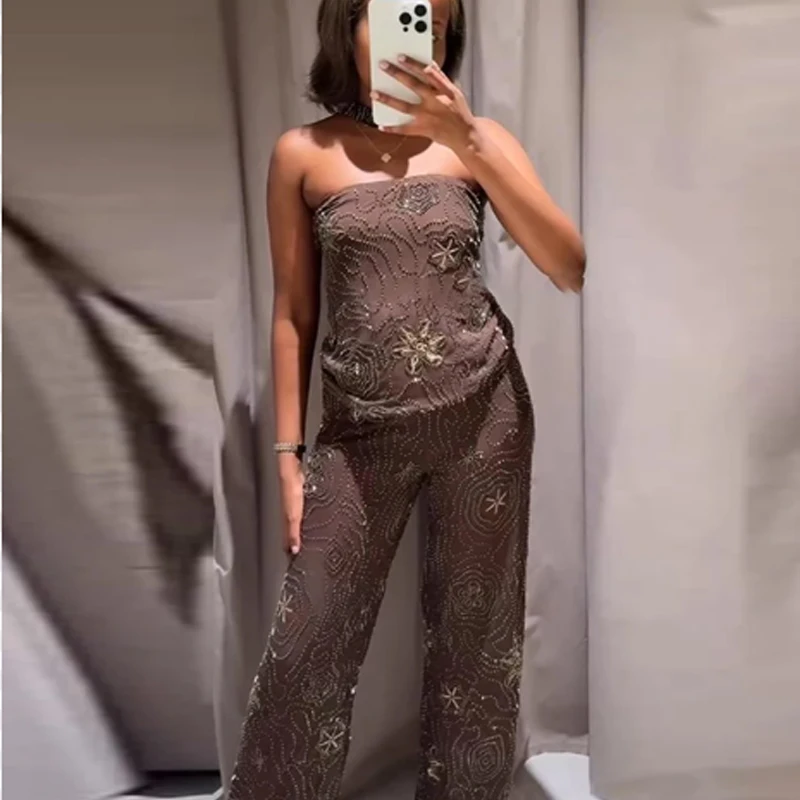 HXAO Gorsetowe Crop Topy Damskie Bez Ramiączek Top typu Halter Damski Letni Tiulowy Top z Koralikami i Cekinami Bez Pleców Półprzezroczysty Seksowny Top Bandeau