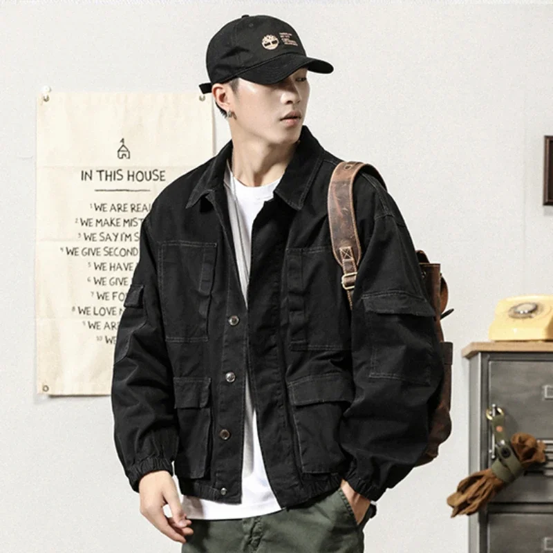 2023 Maden Vintage Paris Buckle Jackets for Men Loose Cotton Solid Coat Workwear Casual Fashion Man Clothing