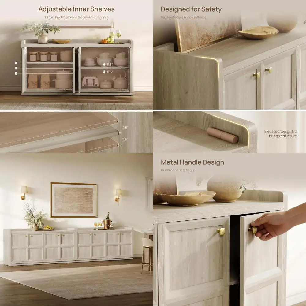 

4-Door Buet Cabinet - 123" Extra Long Sideboard with 4 Separate Bays & Adjustable Shelves, ern Crza Storage Cabinet with Gold Ha