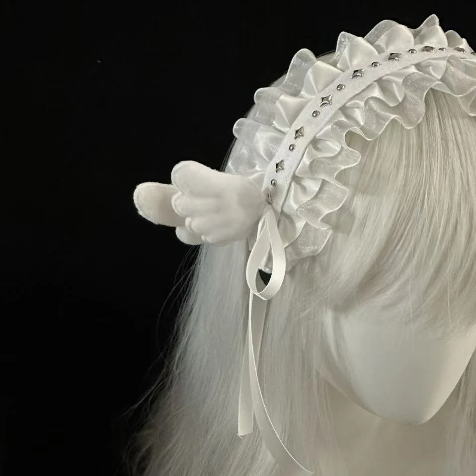 Frauen Landmine Anime Gothic Lolita Maid Dress Up Stirnband mit Engelsflügel Zwei Ente Billed Clip Haarband Cosplay Haarschmuck