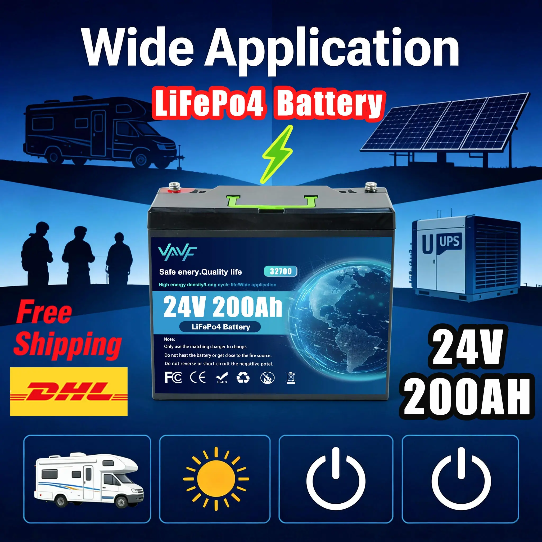 

High Quality LiFePO4 Battery 24V 200Ah8000+ CyclesRechargeable with BMS for Scooters,Solar Power,Off-Grid,Fish Finder