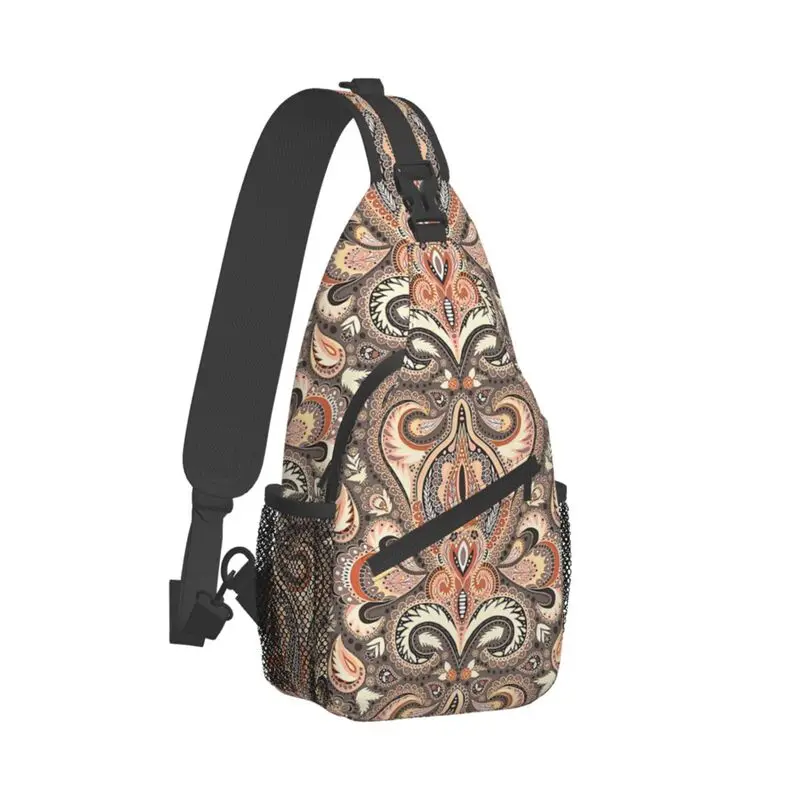 Coral Brown Paisley Pattern Sling Crossbody Backpack Men Custom Bohemian Floral Art Chest Shoulder Bag for Traveling Daypack