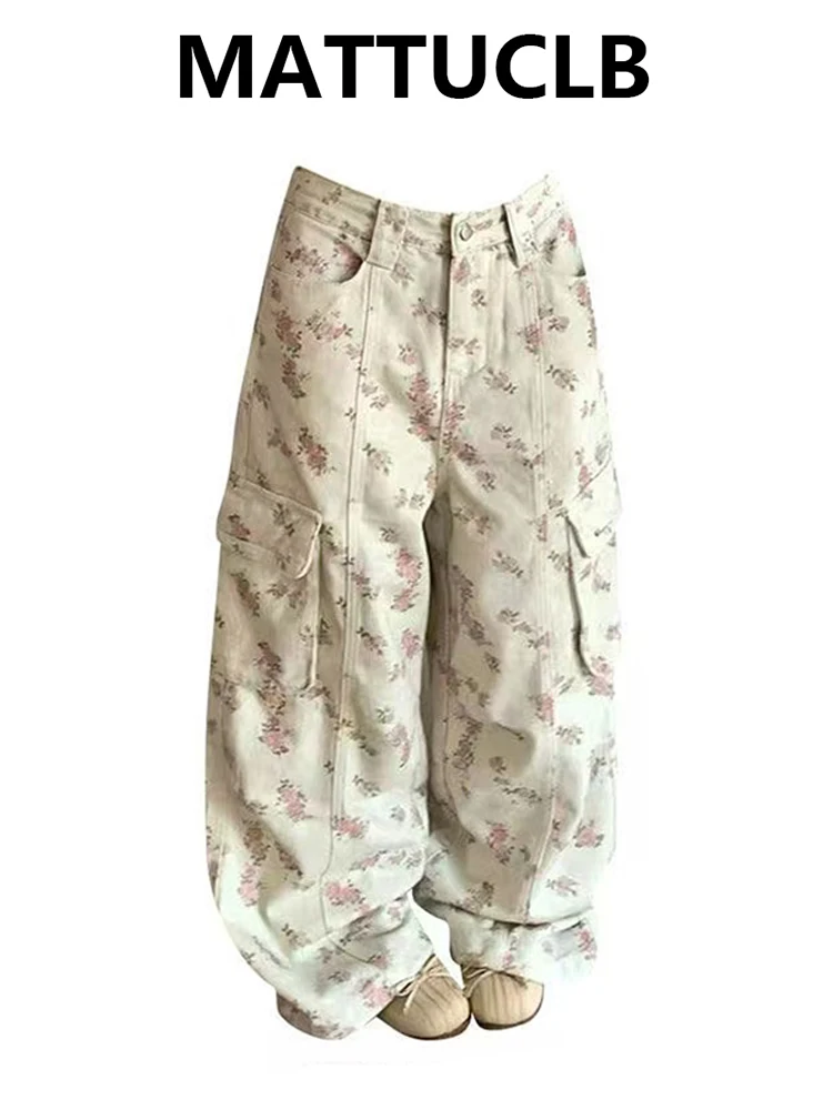 Autumn Winter Women's Baggy Jean Print Denim Cargo Pants Y2K Japanese Harajuku Wide Fit Jean Punk Korean Tide 2000s Design Jeans