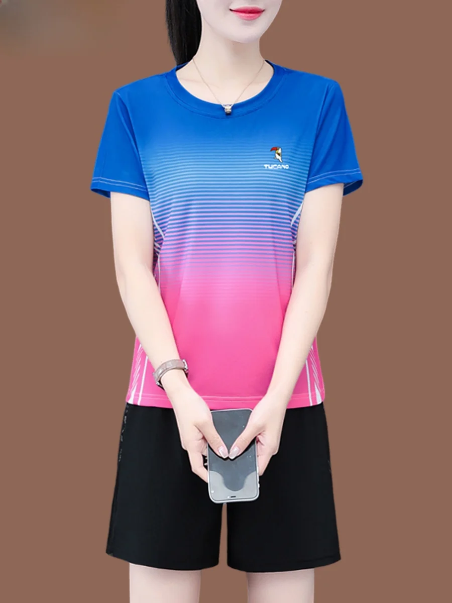 TUCANO-Conjunto deportivo de seda de hielo para mujer, traje deportivo informal fino y seco para correr, conjunto de dos piezas redondo Ne ort Sve