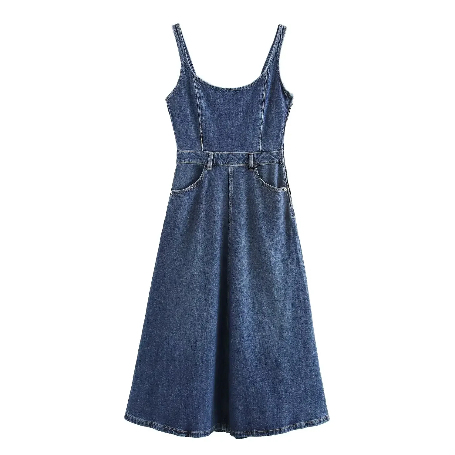 Women's new fashion side pocket decoration casual Wide Straps denim Midi dress retro sleeveless backless women's dress Mujer