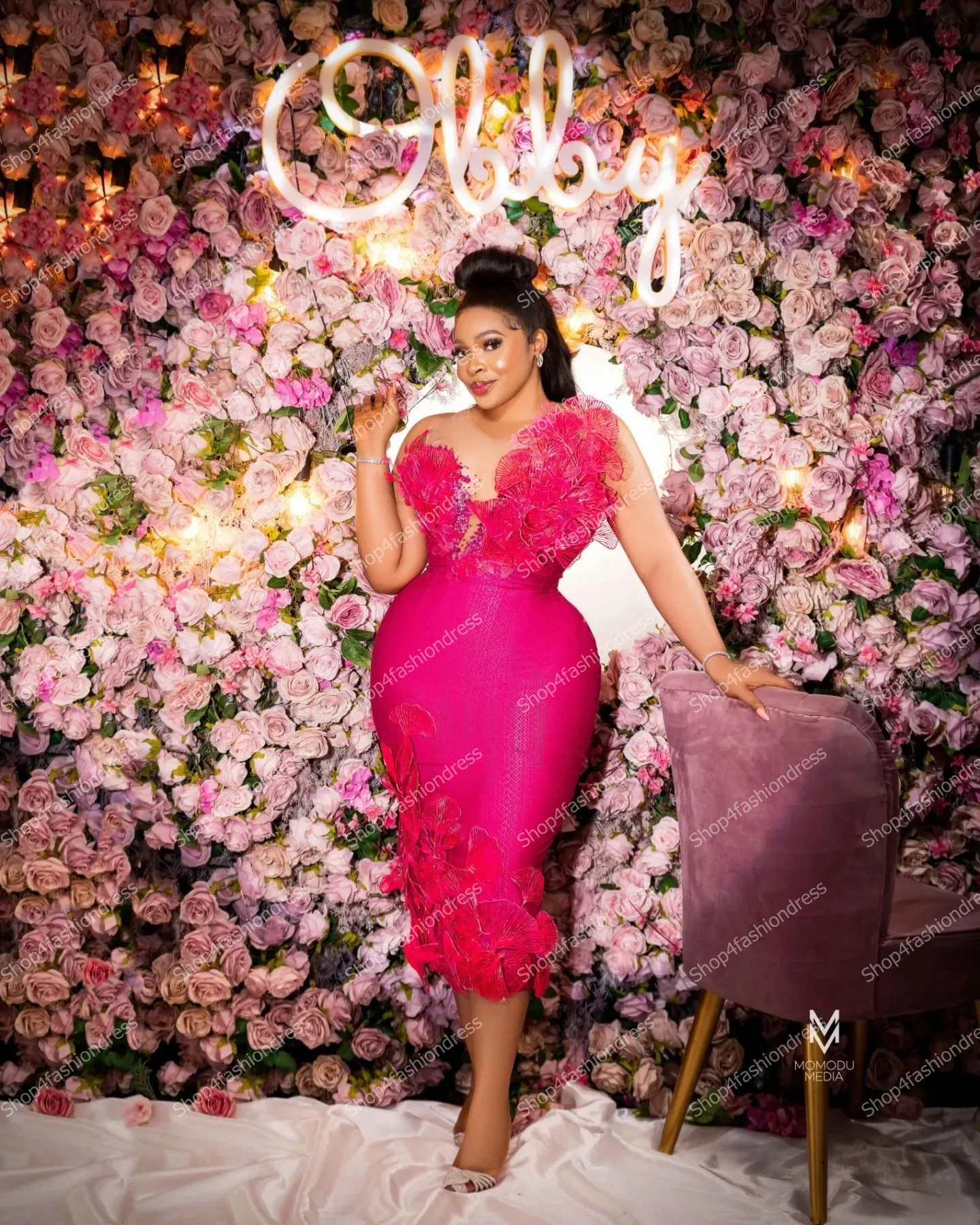 Charming Rose Red Flowers Mermaid Evening Dresses Sexy V Neck Ruffles Satin Prom Party Gowns Tea-length Aso Ebi Africa Prom Dres