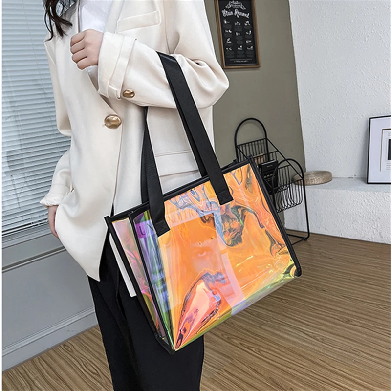 Ladies Big Square Shoulder Bag Fashion Simple Women Transparent PVC Laser Tote Package Large Capacity Beach Shooper Handbag