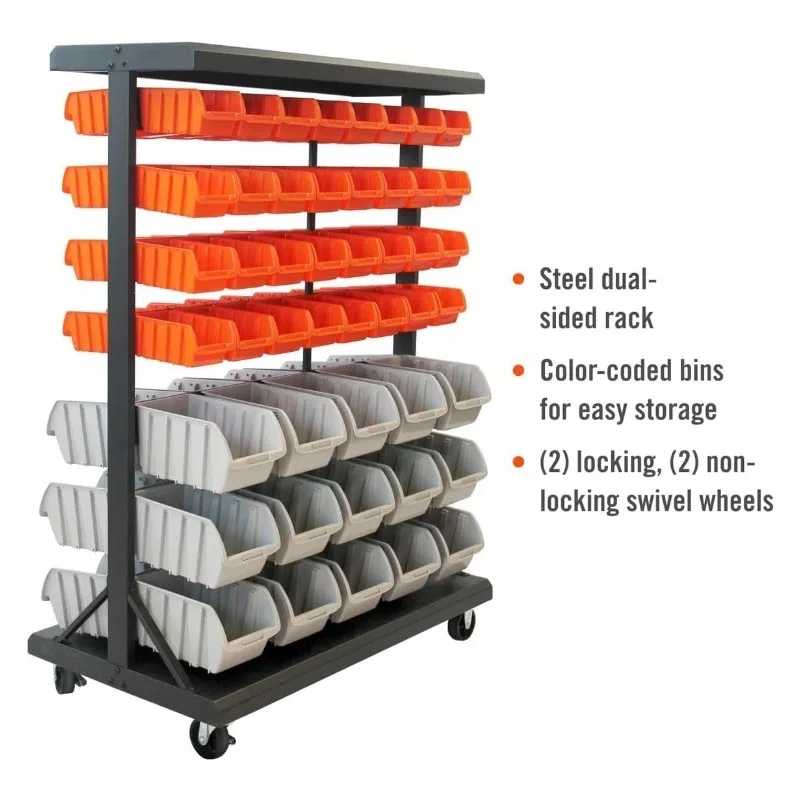 6-Tier Dual-Sided Rolling Bin Rack, 330 Pound Capacity, Includes 94 Organizer Bins, 19.75