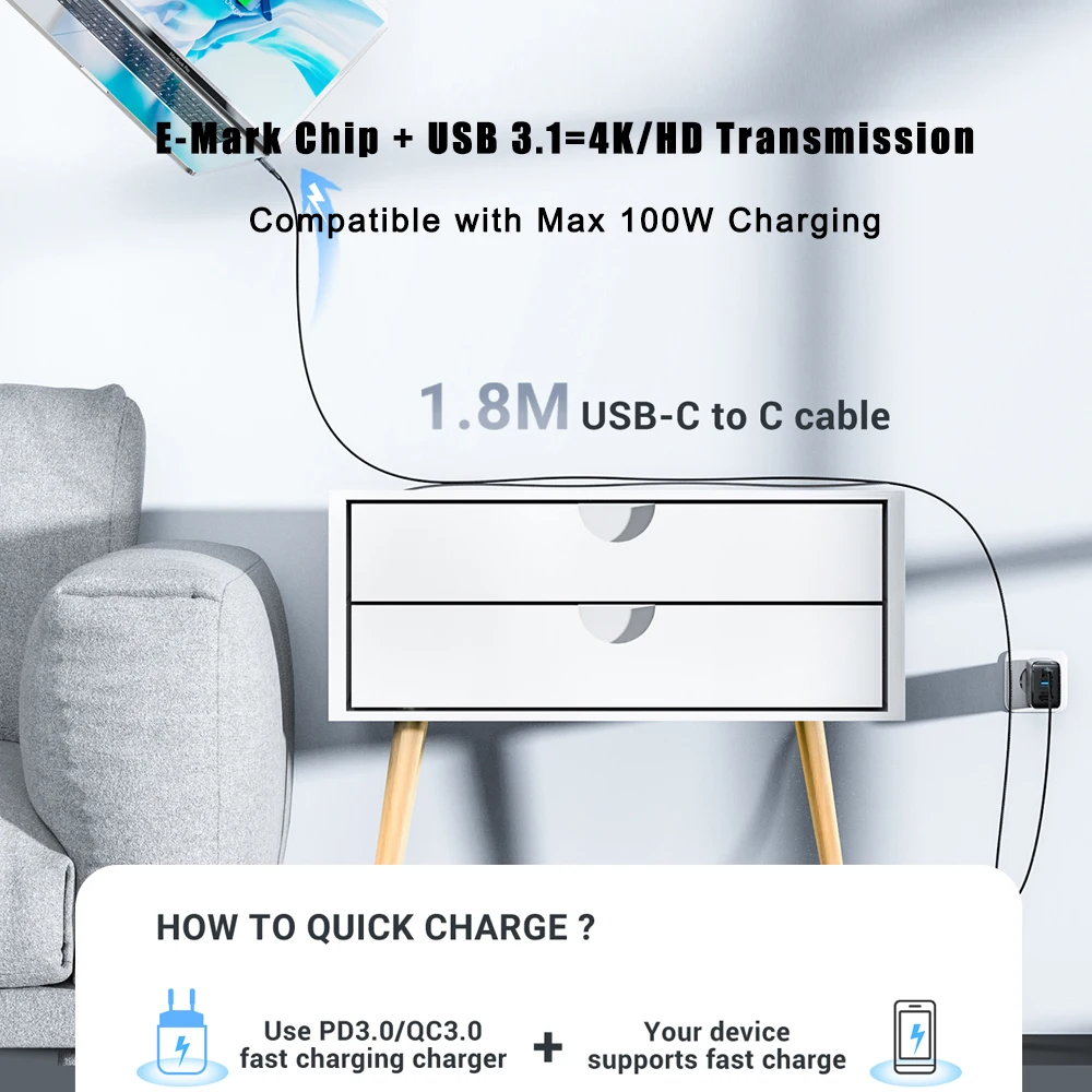 ACEFAST-Carregador Rápido Portátil, 65W, 4K 60Hz, Compatível com HDMI, Docking Station para Switch, 3 Portas, Tipo C, QC3.0, Notebook