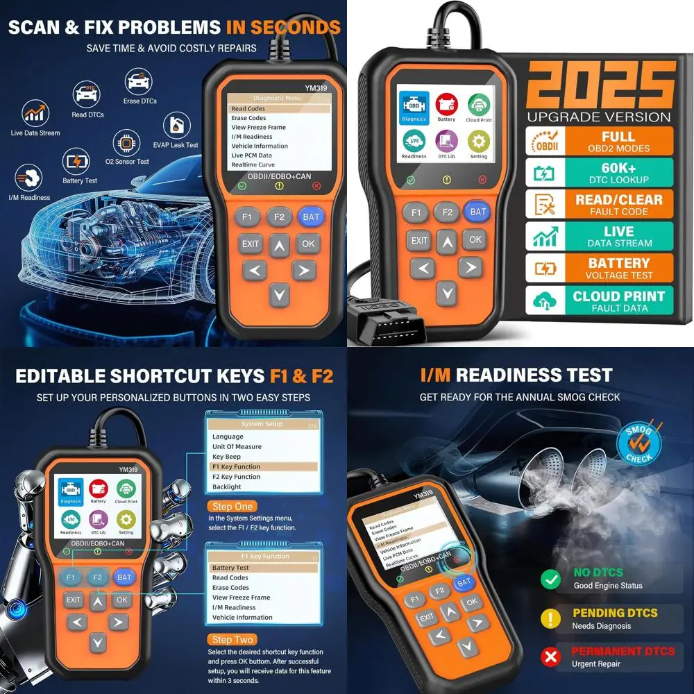 

YM319 OBD2 Диагностический инструмент сканера с тестером батареи, считыватель кодов неисправностей двигателя с живыми данными, облачной печатью, DTC Looku