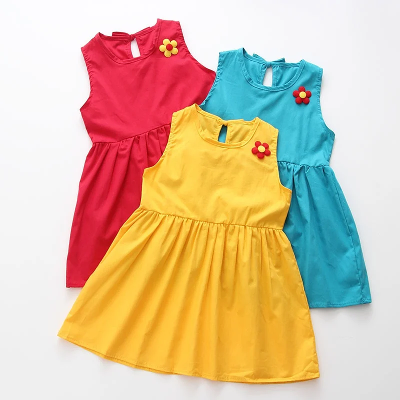 Summer Kids Dresses for Girls Clothes Solid Color Flower Red Yellow Princess Dress Toddler Baby Dress Cute Children\'s Clothing