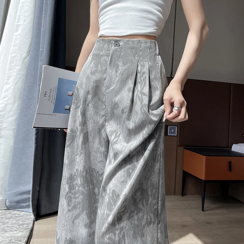 cotton linen printed suit wide leg pants for women in summer, high waisted loose casual straight leg mop pants, Yamamoto pants