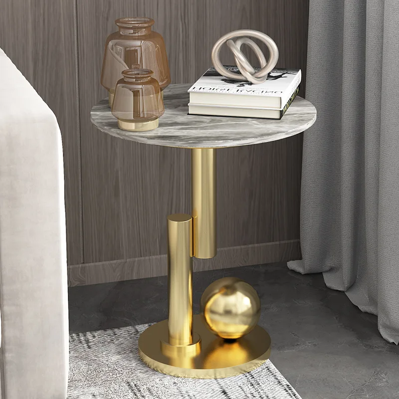 

Light luxury rock slab stainless steel sofa edge table removable living room small coffee table household corner bedside table