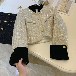 2023 Spring New Fashion Korean Chic Vintage Tweed Jacket Coat Women Contrast Color Cropped Jackets Elegant Office Lady Outerwear