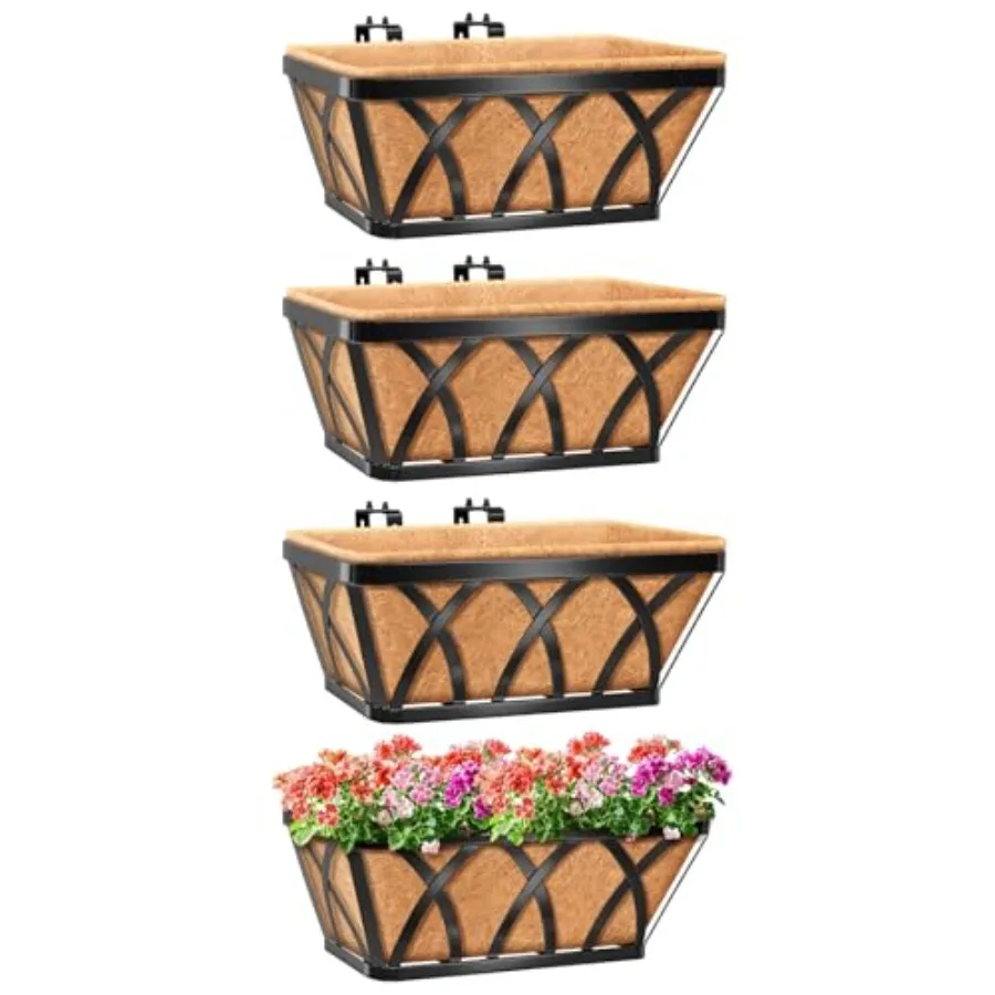 

Набор из 4 металлических кашпо для оконных перил 16 дюймов с кокосовым вкладышем – регулируемые подвесные ящики для цветов на перила