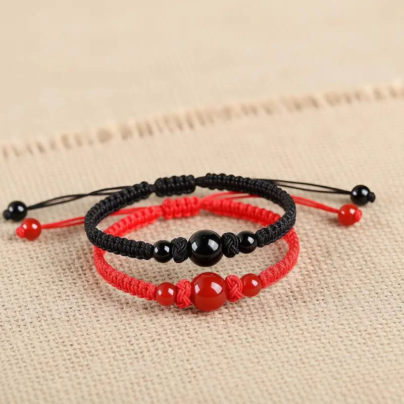 Rope Chain Bracelet Handmade Rope String Bracelets Red Black Woven Rope Good Luck Bracelet DIY Red Agate Hand Rope