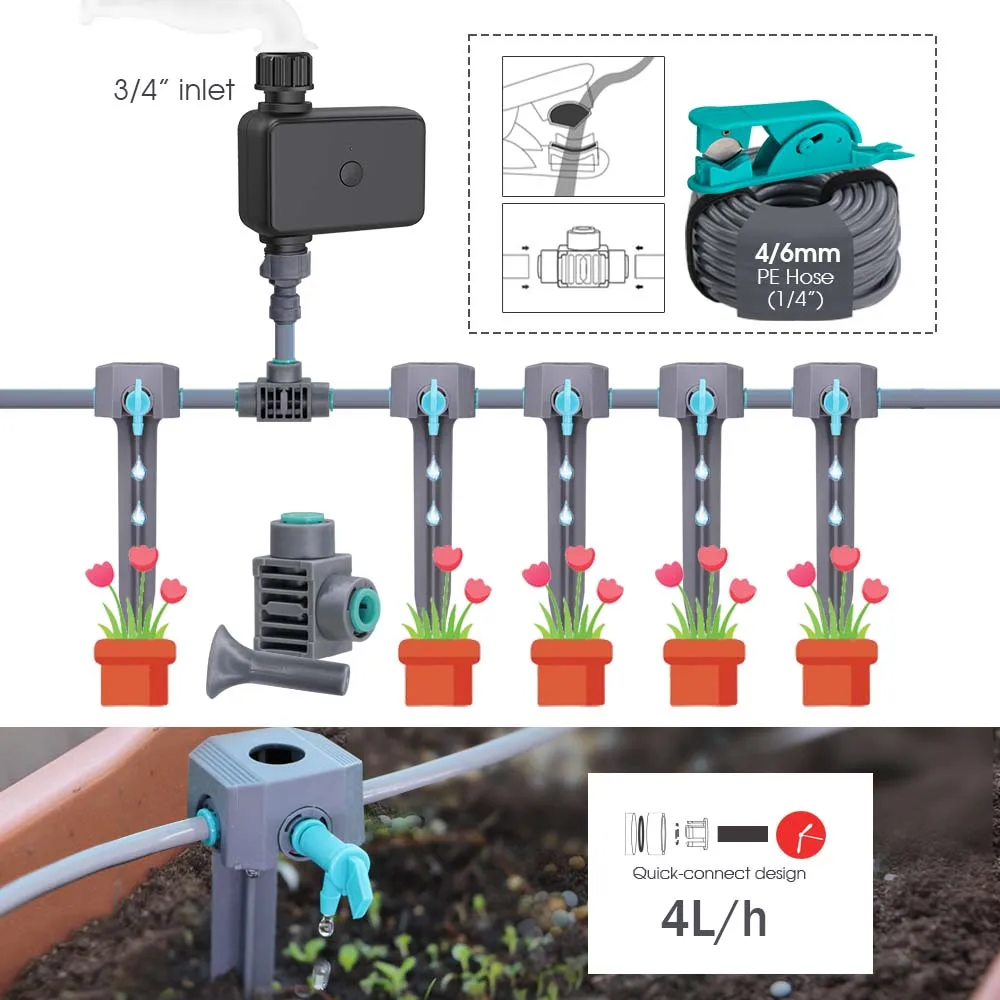 5-80 Plants 1/4'' PE USB Zigbee Greenhouse Automatic Drip Irrigation System Kit 4L/h Transmitter Smart APP Remote Voice Control 5