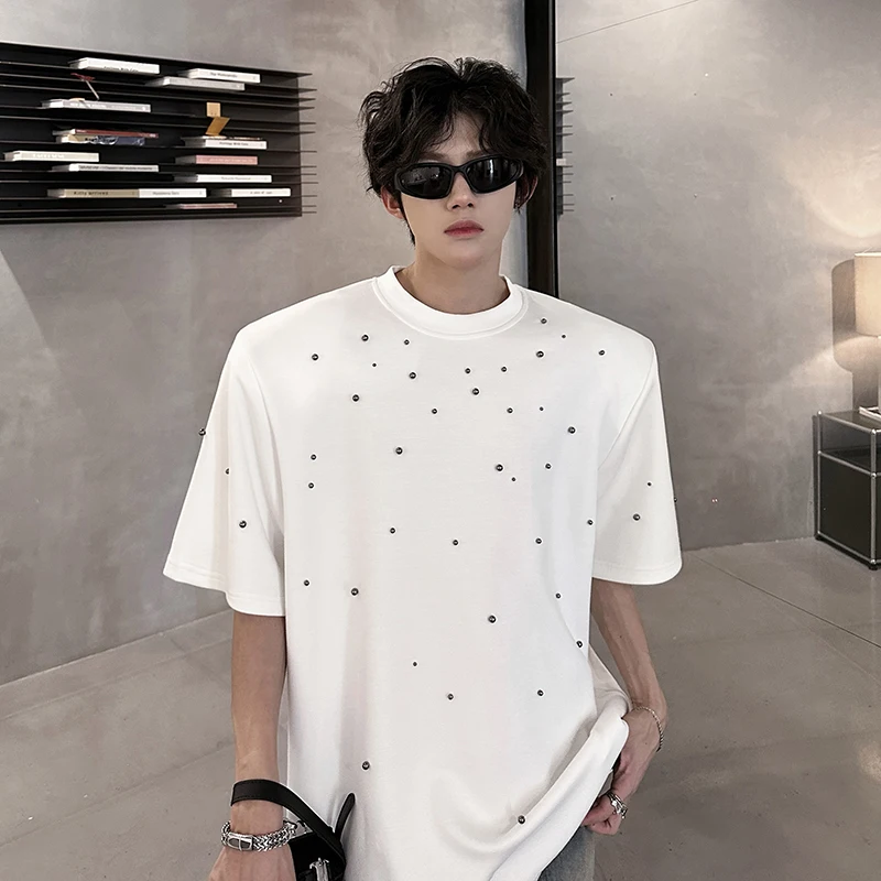 Metal Pearl Embellished Men Round Neck Cotton Tshirt man Breathable Comfort Casual 2024 Trendy Tee Top Fashion Loose Fit Plain