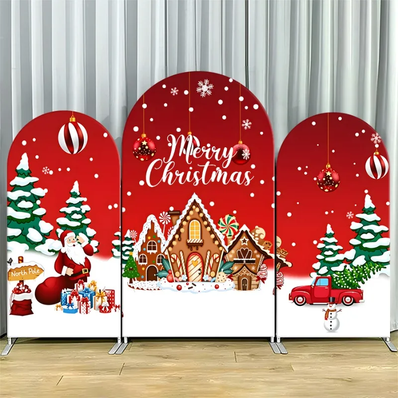 

Arch Backdrop Cover Single Side Christmas Red Snowy Scene Santa Gingerbread House Party Decoration Photo Booth Background Event