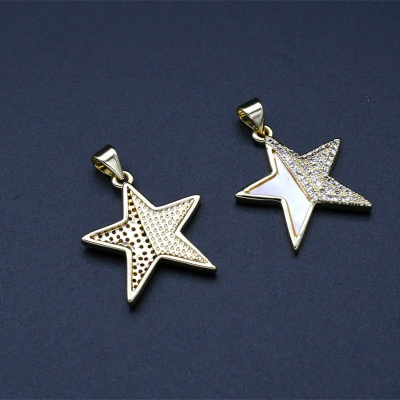 New Design Half White Shell Half CZ Setting Five-Pointed Star Anti Fading Color 14k Gold Plating Pendants For Women Jewelry