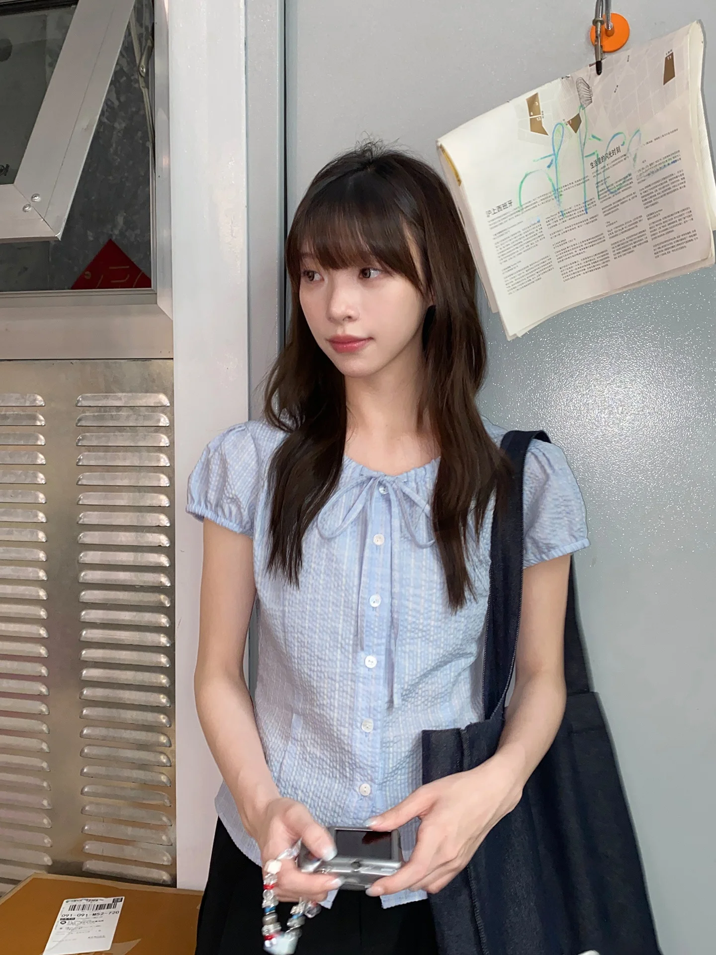 

Milk Rabbit Bubble Texture Collar Dstring ort Sve irt Women Summer Slim Fit Top Sweet Sle Polyester Cotton Blend