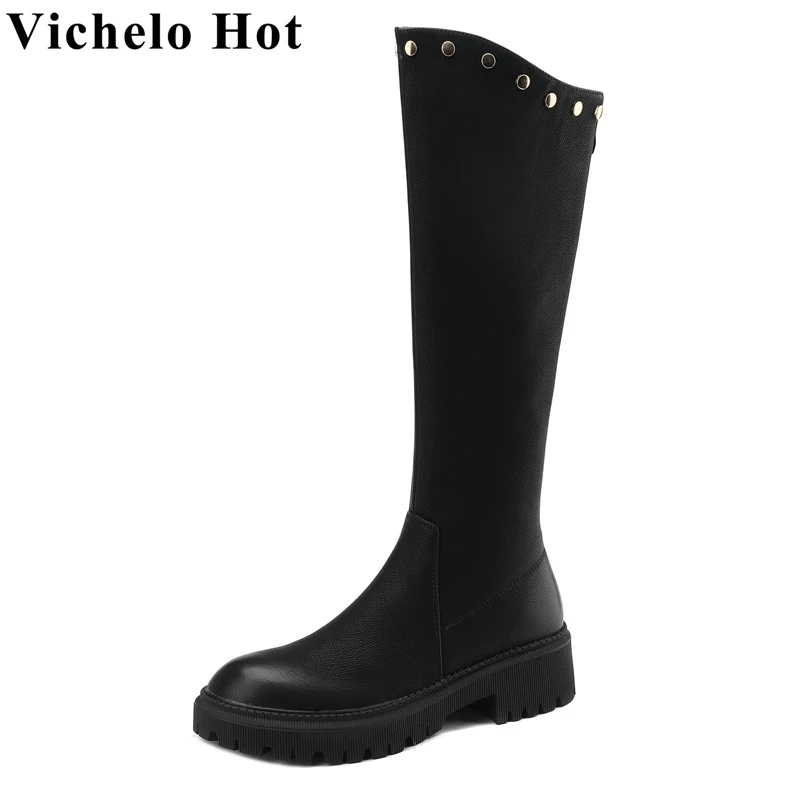 

Vichelo Hot Cow Split Leather Round Toe Med Heels Riding Boots Simple Style Rivets Thick Bottom Zip Large Size Thigh High Boots