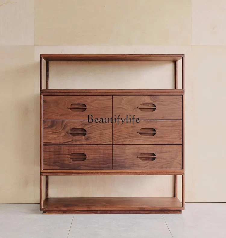 

FG*New Chinese-style solid wood side cabinet, modern simple black walnut six-chest cabinet