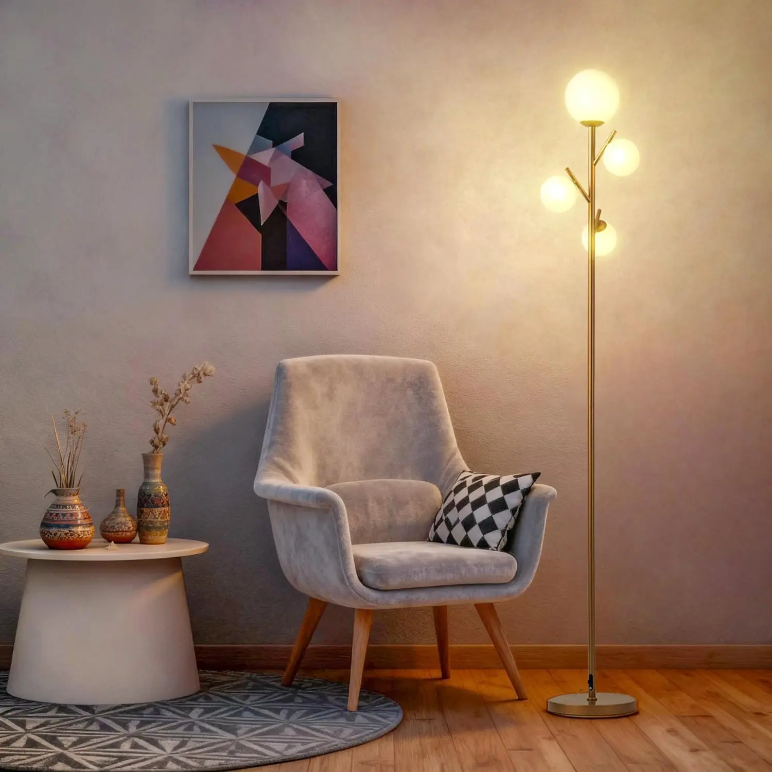 

Золотой торшер с 4 глобусами, современное дерево «Спутник» из матового стекла и светодиодом 3000K — античная латунь