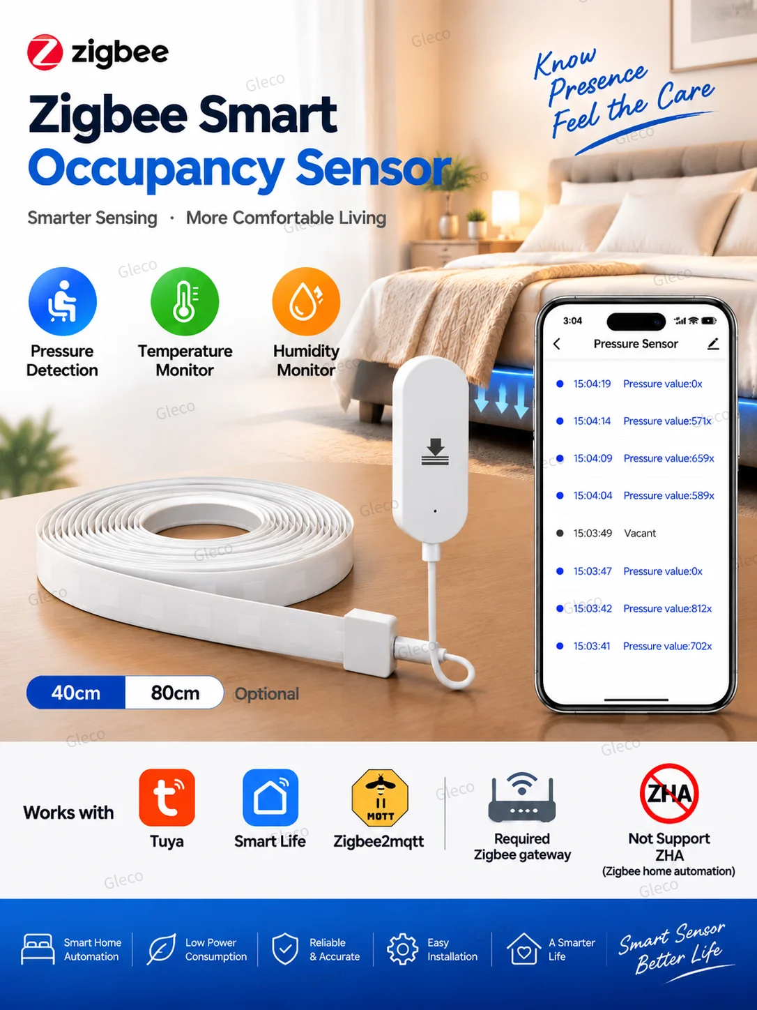 2-in-1 Zigbee TUYA Druck-, Temperatur- und Feuchtigkeitssensor, Belegungs-/Anwesenheitsdetektor, Stressgürtel, Smart Life Home-Automatisierungssystem