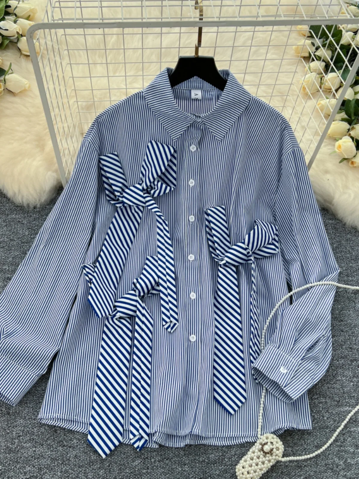 Gaganight Women Light Luxury Simple High end Striped Shirt 2024 Autumn New Loose Irregular Tie Unique Temperament Female Top