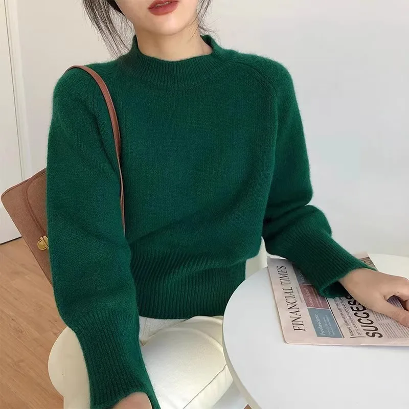 2024 new 100% pure wool retro sweater crewneck pullover short knitwear women\'s top trend