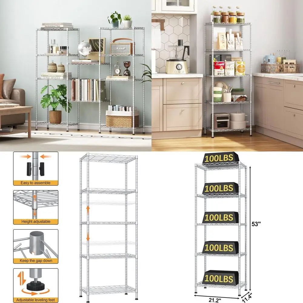 

Регулируемый металлический стеллаж для хранения, органайзер для кухни, кладовой, гардеробной, ванной, прачечной, серебристый, 21Ш x 11Г x 53В дюймов