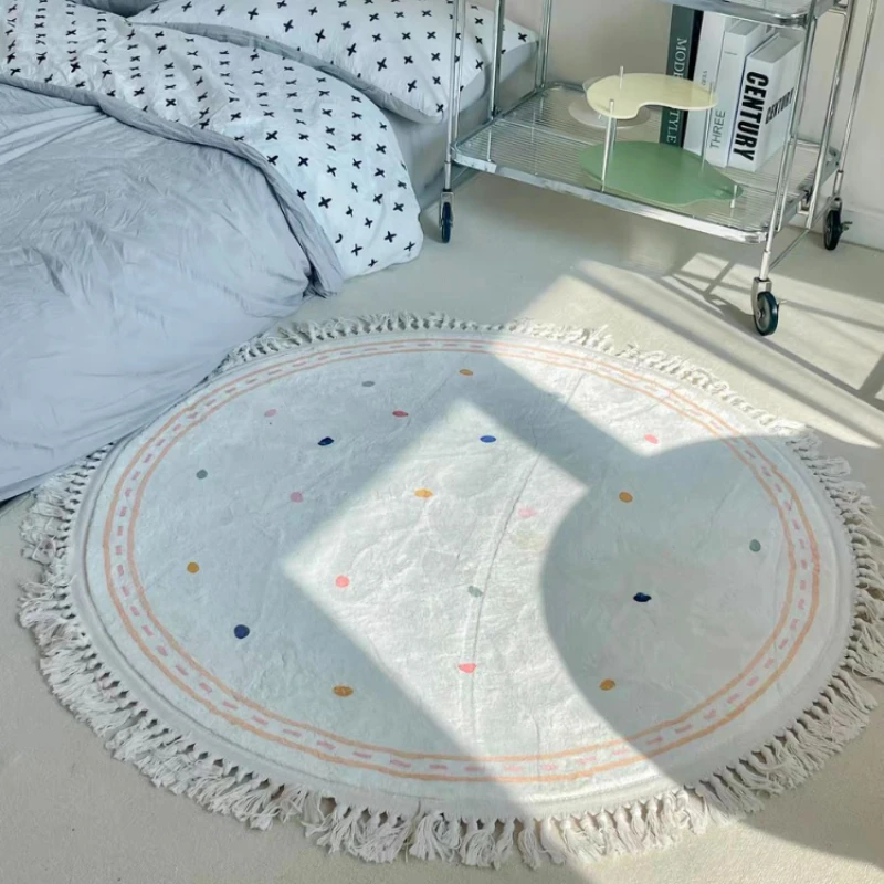 Tassel Round Living Room Large Area Carpets Cute White Children\'s Carpet Spotted Pattern Girl\'s Bedroom Rug Plush Soft Rugs 양탄자