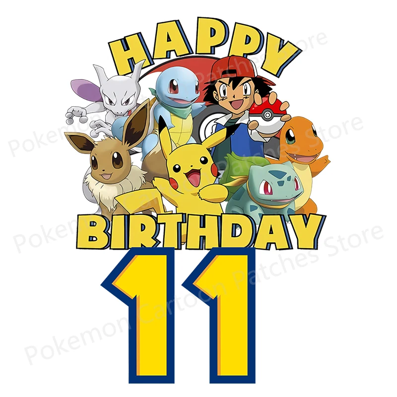 Autocollant thermocollant Pokemon Anime, patch thermocollant, vêtements pour enfants, joyeux anniversaire, cadeau de fête, appliques de transfert de chaleur, chiffres de 1 à 12 ans