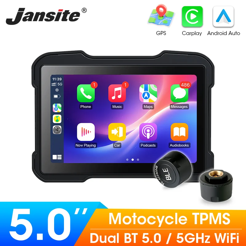 

5 inch Portable Motorcycles Navigation Wireless CarPlay Android Auto Display Screen GPS Navigation TPMS 5G WIFI IPX7 Waterproof
