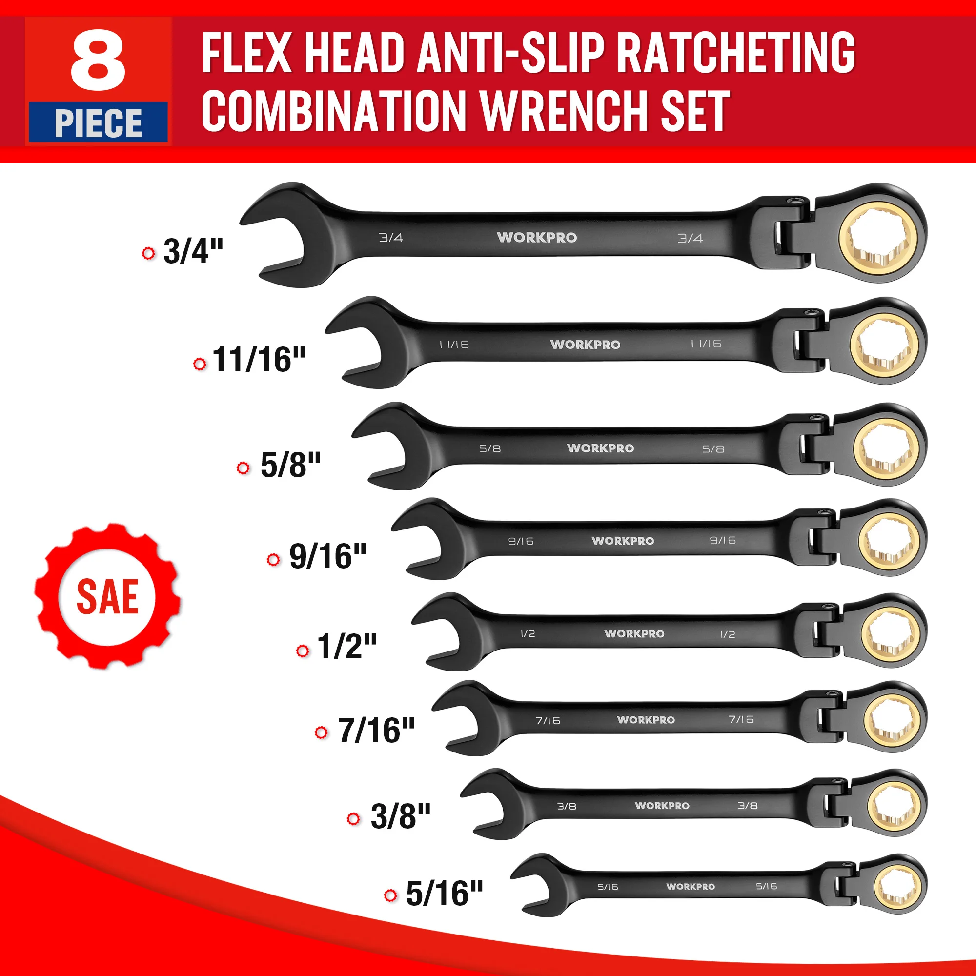 WORKPRO 8-Piece Ratcheting Wrench Set SAE 5/16-3/4
