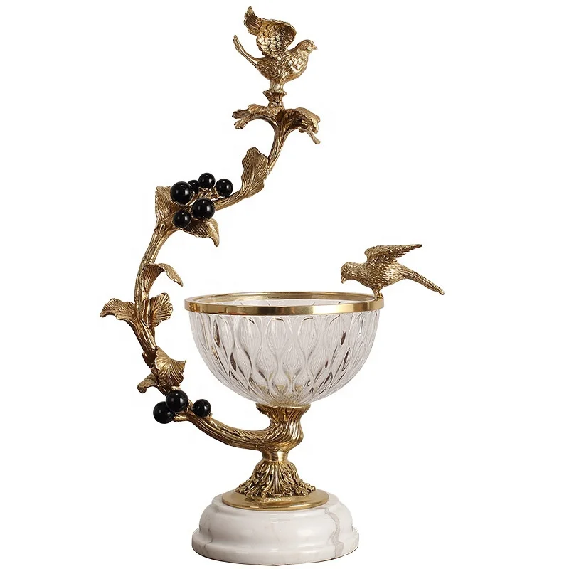 Hot Sale European Fruit Plate Dining Table Decoration Brass Bird Holy Grail Glass Bowl Luxury Decoration Crystal Fruit Plate
